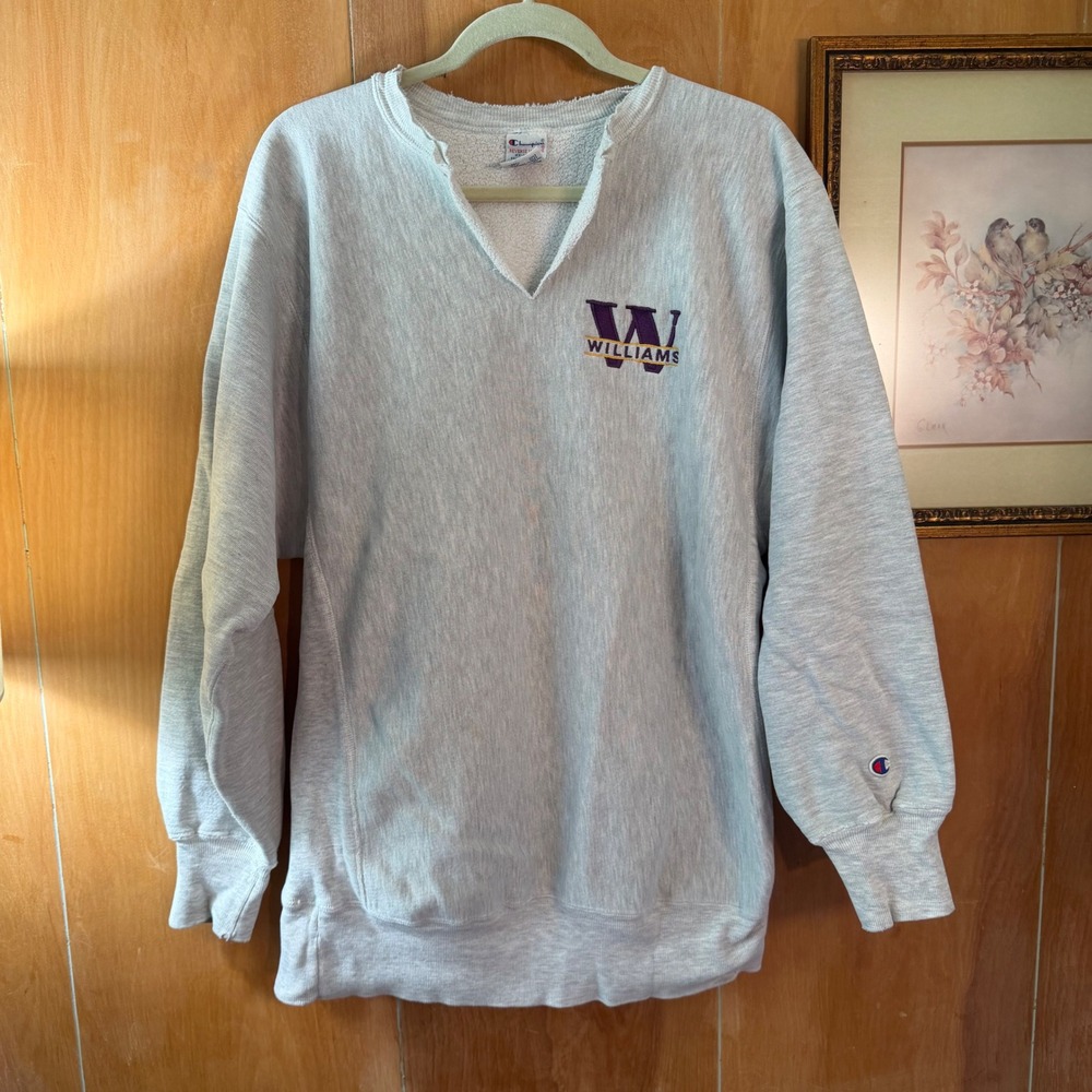 Champion Vintage Williams College Sweatshirt Gray V-Neck XXL